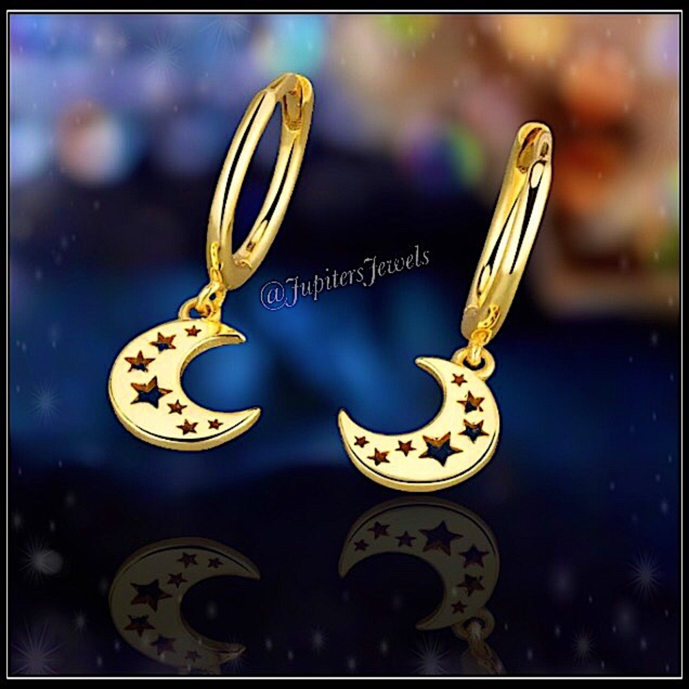 Clearance! New 925 gold celestial moon crescent planet stars hoop charm earrings
